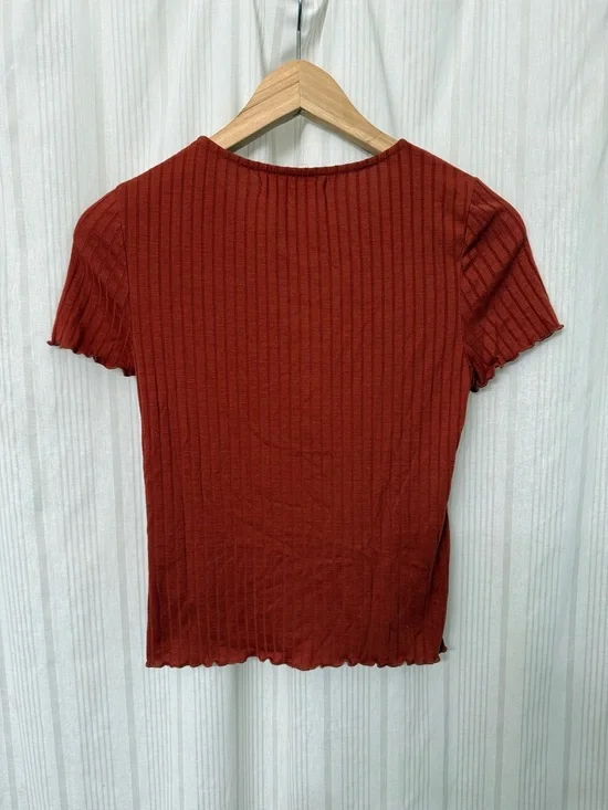 UO Burnt Sienna Rust Ribbed Knit V-Neck Tee - Picture 2 of 6
